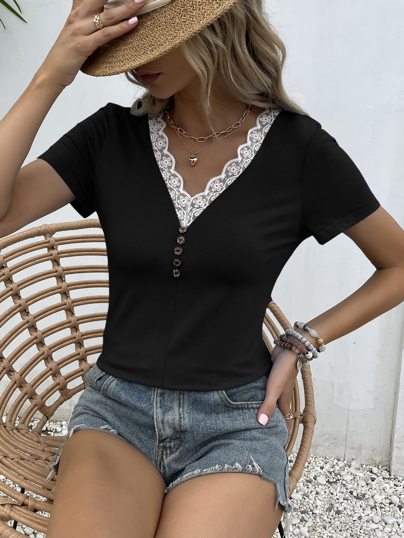 Lace Trim V-Neck Short Sleeve Blouse - Kawaii Stop - Casual Style, Chic Blouse, Comfortable Fit, Elegant Fashion, Fashionable Apparel, Lace Blouse, Lace Trimmed, Ship From Overseas, Short Sleeve, Stylish Tops, T-Shirt, T-Shirts, Tee, V-Neck Top, Versatile Wear, Women's Clothing, Women's Top, Y&BL