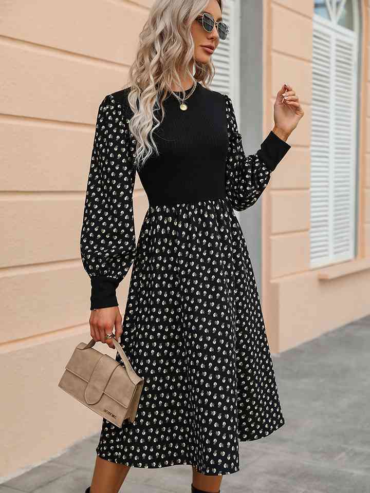 Printed Round Neck Long Sleeve Dress - Kawaii Stop - Ankle Boots, Fashion, HS, Long Sleeve Dress, Midi Dress, Printed, Round Neck, Ship From Overseas, Slightly Stretchy, Statement Belt, Trendy Look, Women's Clothing