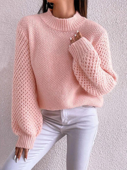Openwork Mock Neck Long Sleeve Sweater - Kawaii Stop - Cozy, Easy Care, Elegance, Everyday Fashion, Hoodies &amp; Sweatshirts, Mock Neck, Must-Have, Quality, Ship From Overseas, Soft, Style, Sweater, Versatile, Winter Fashion, Women's Clothing, X.W