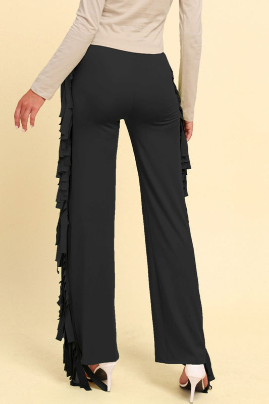 Fringe Trim Wide Leg Pants - Kawaii Stop - Applique Detailing, Bottoms, Capris, Chic Fashion, Comfortable Fit, Dress Up or Down, Elegant Outfit, Fashion Forward, Fashionable Pants, JR, Long-Length Pants, Pants, Ship From Overseas, Shipping Delay 09/29/2023 - 10/01/2023, Solid Pattern, Sophisticated Style, Statement Look, Stylish Apparel, Trendy Bottoms, Versatile, Wardrobe Upgrade, Wide Leg Pants, Women's Clothing