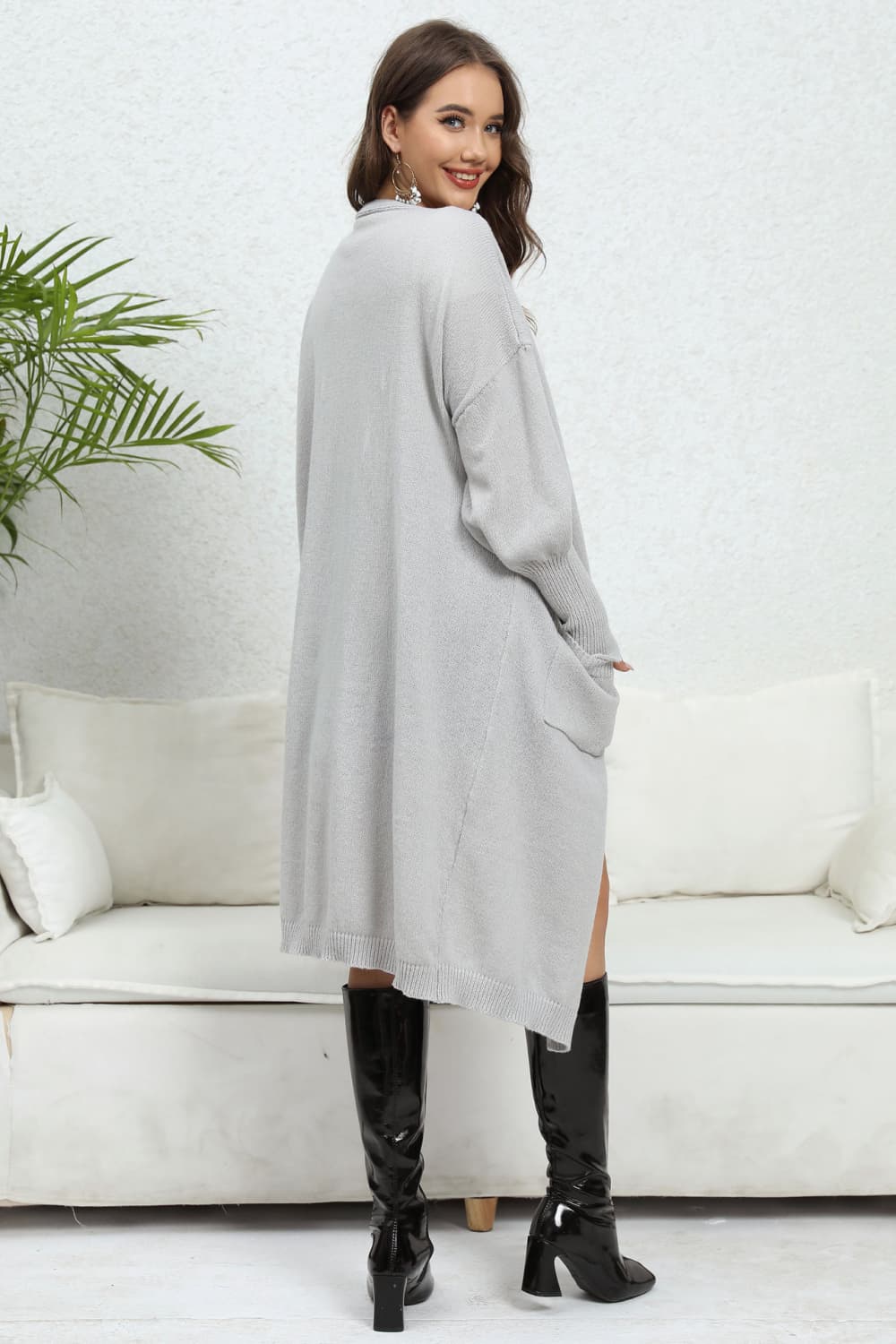 Open Front Dropped Shoulder Cardigan - Kawaii Stop - Cardigan, Cardigans, Casual Style, Easy Care, Effortless Chic, Fashion Forward, Lantern Sleeves, O & Y.M, Pocketed, Polyester, Relaxed Fit, Ship From Overseas, Slightly Stretchy, Solid, Women's Clothing, Women's Fashion