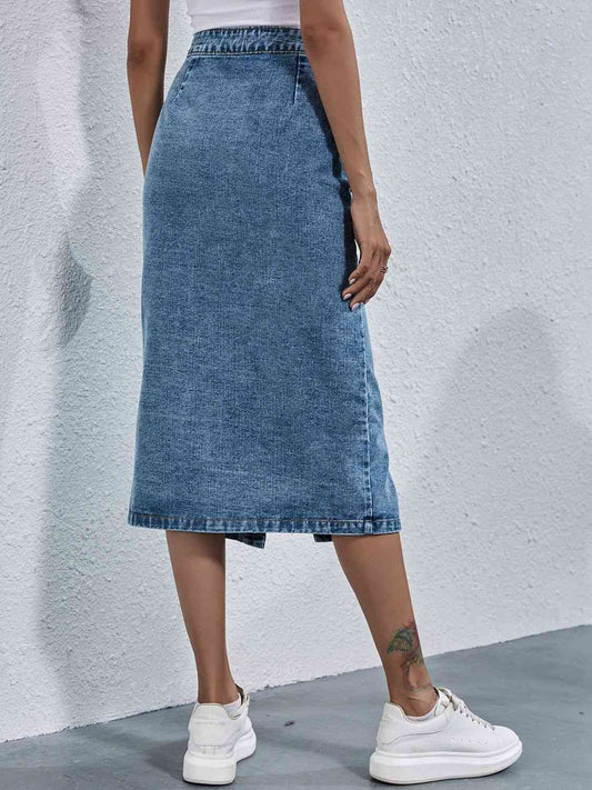 Button Down Denim Skirt - Kawaii Stop - A-Line Hem, Button Down Design, Chic Style, Classic Appeal, Denim Skirt, Everyday Elegance, High-Quality Material, Midi Length, Nostalgic Look, Ship From Overseas, Skirts, Timeless Fashion, Versatile Skirt, Wardrobe Essential, Y@X@N@H