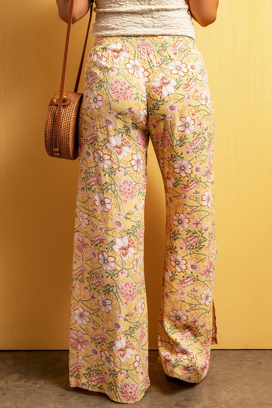 Floral Slit Wide Leg Pants - Kawaii Stop - Bottoms, Capris, Chic Clothing, Comfortable Wear, Easy Maintenance, Floral Wide Leg Pants, Imported Fashion, Must-Have Apparel, Opaque Fabric, Pants, Polyester Material, Ship From Overseas, Side Slit Design, SYNZ, Versatile Bottoms, Women's Clothing, Women's Fashion