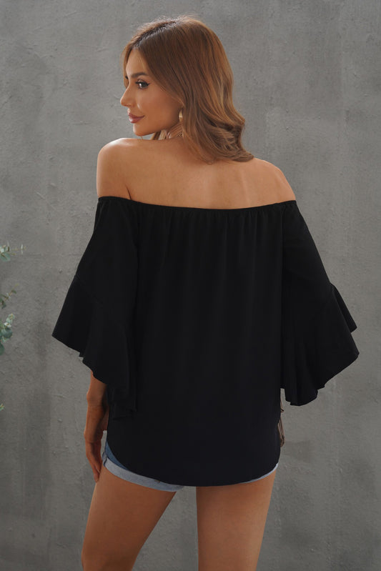 Off-Shoulder Tie Hem Blouse - Kawaii Stop - Blouse, Blouses, Casual Style, Flutter Sleeves, Off-Shoulder Blouse, Opaque Material, Ship From Overseas, SYNZ, Tie Hem, Women's Clothing, Women's Fashion