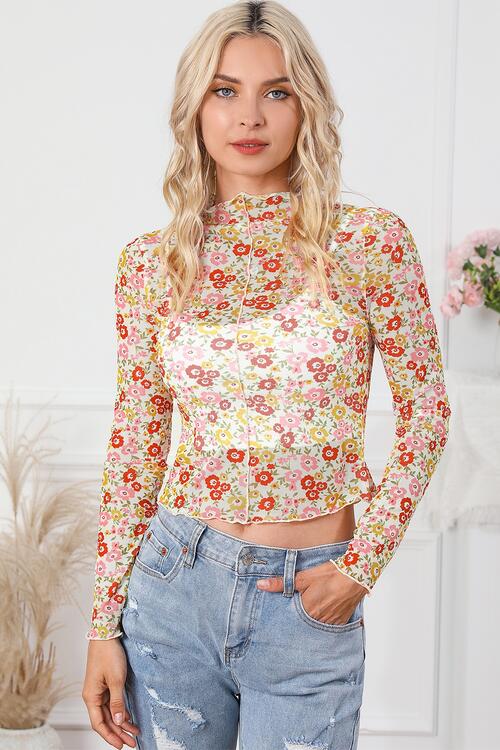 Floral Mock Neck Long Sleeve Blouse - Kawaii Stop - Blouses, Ship From Overseas, SYNZ