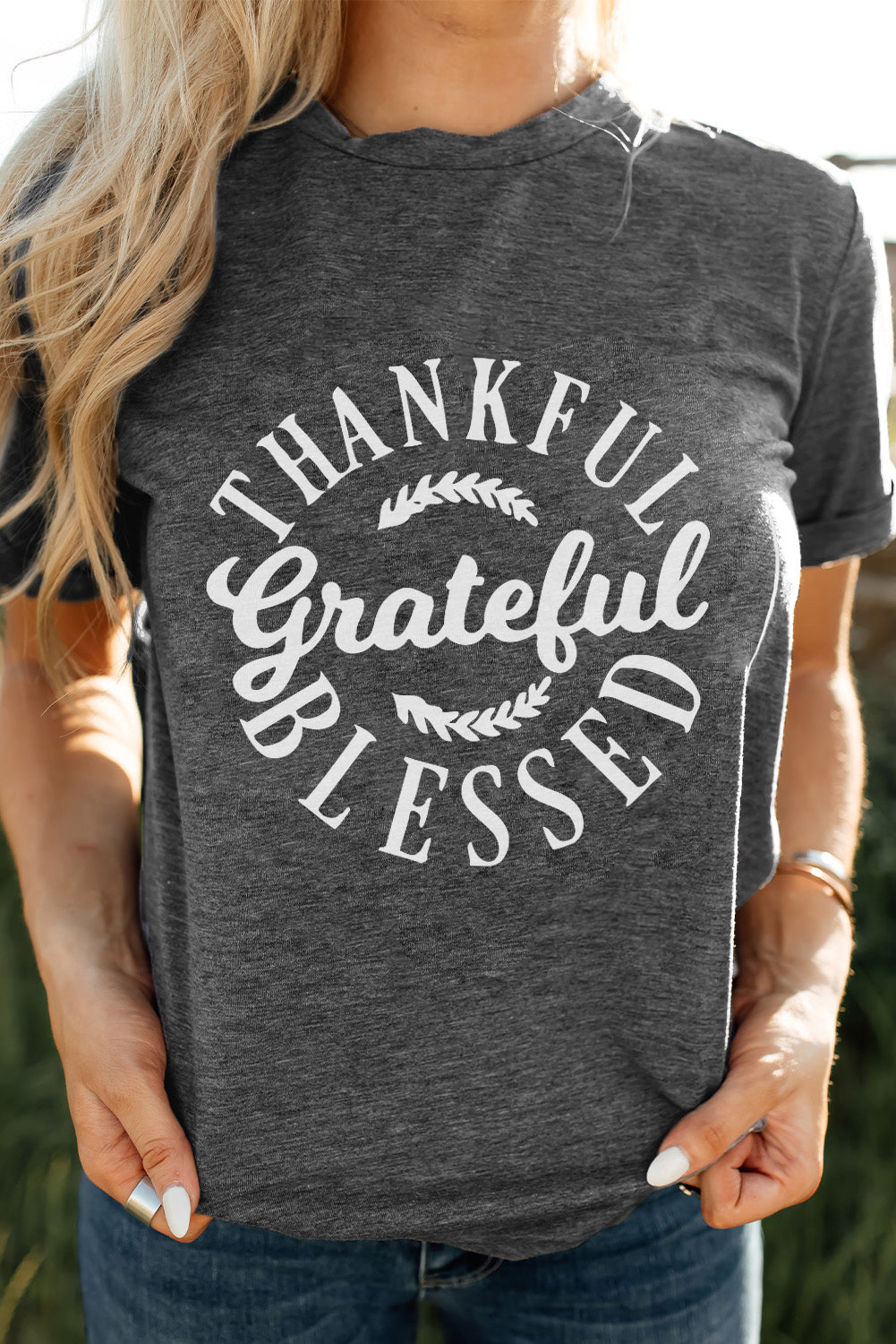 THANKFUL GRATEFUL BLESSED Graphic Crewneck Tee - Kawaii Stop - Casual-Chic Style, Graphic Tee, Gratitude Message, Imported Fashion, Meaningful Apparel, Round Neck, Ship From Overseas, Soft Polyester, Stylish and Comfortable, SYNZ, T-Shirt, T-Shirts, Tee, Women's Clothing, Women's Top