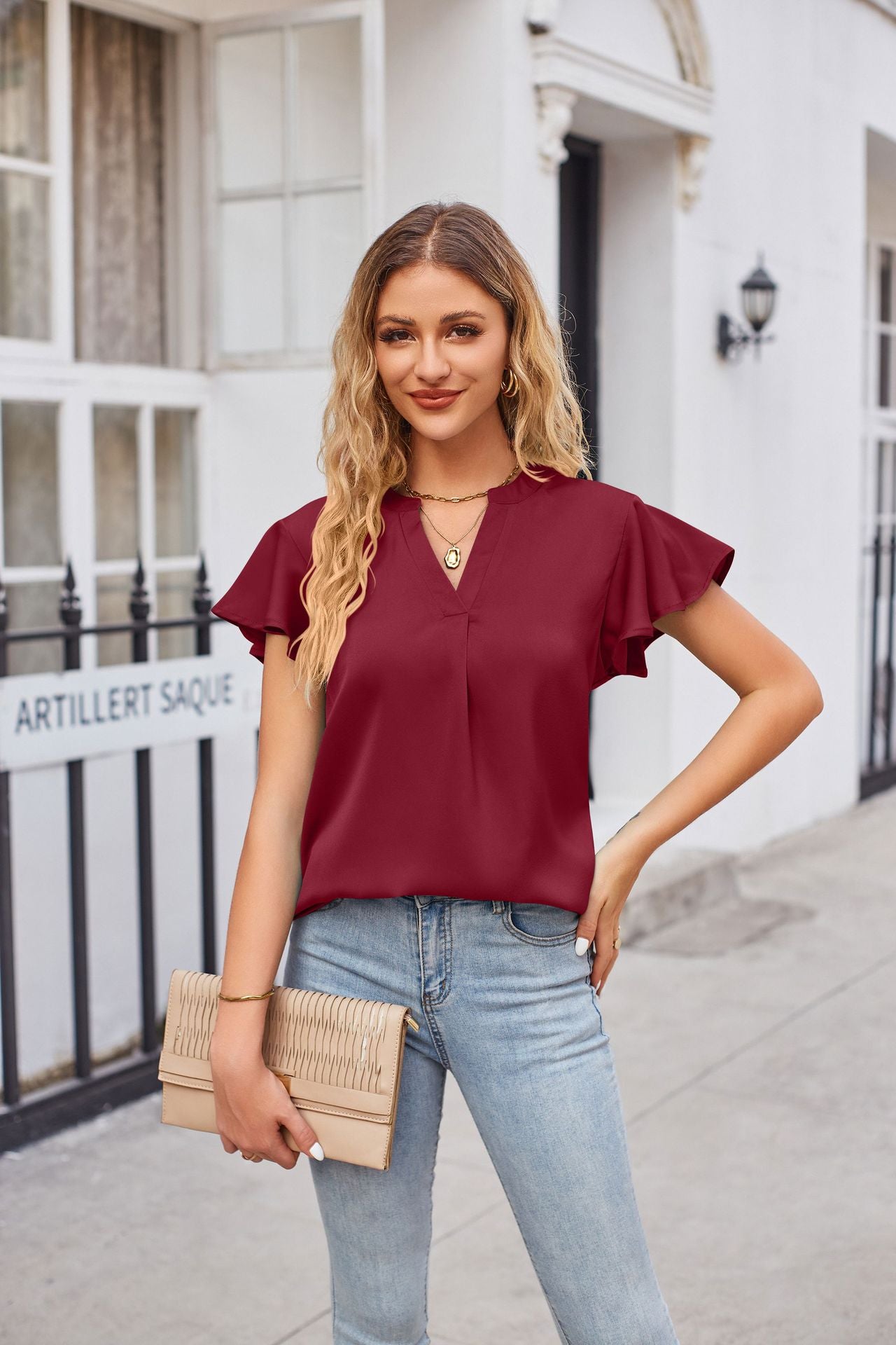 Notched Neck Flutter Sleeve Satin Top - Kawaii Stop - AYL, Casual Style, Comfortable, Easy Care, Elegance, Elegant Outfit, Everyday Wear, Fashionista's Choice, Flutter Sleeves, Imported, Opaque, Polyester, Ruched Detail, Satin Top, Ship From Overseas, Shipping Delay 09/29/2023 - 10/03/2023, Solid Pattern, Sophisticated, Statement Piece, T-Shirt, T-Shirts, Tee, Trendy, V-Neck, Versatile, Women's Clothing, Women's Top