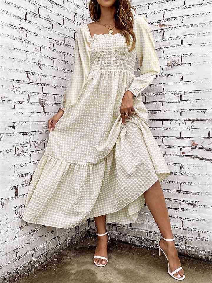 Smocked Square Neck Long Sleeve Dress - Kawaii Stop - Ankle Boots, Delicate Necklace, Fashion, Long Sleeve Dress, Romantic Style, Ship From Overseas, Slightly Stretchy, Smocked, Special Occasion, Square Neck, SYNZ, Versatile Elegance, Women's Clothing