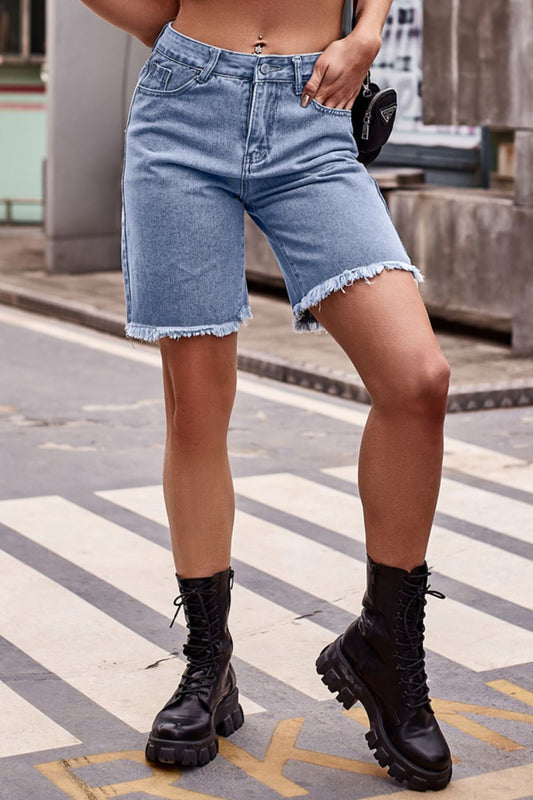 Raw Hem Denim Shorts with Pockets - Kawaii Stop - Casual Shorts, Chic Style, Comfortable Material, Fashion, Manny, Must-Have Shorts, Pockets, Raw Hem Denim Shorts, Raw Hem Design, Ship From Overseas, Shipping Delay 10/01/2023 - 10/03/2023, Shorts, Sneakers, Stylish Outfit, Trendy, Versatile Shorts, Wardrobe Essential, Women's Clothing, Women's Shorts