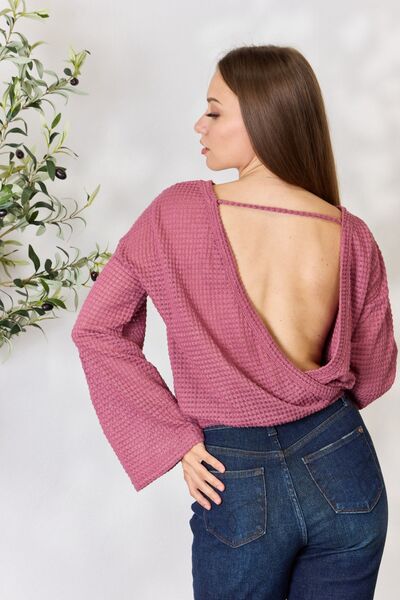 Culture Code Full Size Waffle-Knit Round Neck Long Sleeve Blouse - Kawaii Stop - Blouses, Culture Code, Ship from USA