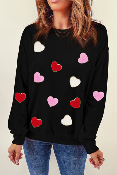 Heart Round Neck Dropped Shoulder Sweatshirt - Kawaii Stop - Basic, Casual Style, Comfortable, Cotton Blend, Cozy, Easy Care, Fashion, Imported, Laid-Back Fashion, Opaque, Polyester, Ship From Overseas, Size Range, Statement Piece, Stylish, Sweatshirt, SYNZ, Trendy Look, Versatile, Wardrobe Essential, Women's Fashion