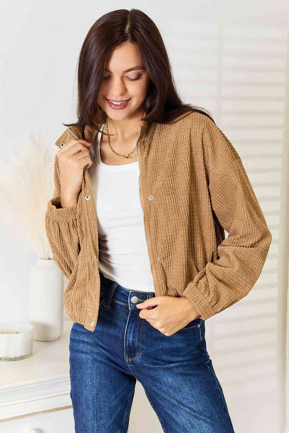 Long Sleeve Dropped Shoulder Jacket - Kawaii Stop - Comfortable Style, Cool Weather Fashion, Double Take, Dropped Shoulder, Easy Care, Effortless Chic, Fashionable Ensemble, Layering Piece, Long Sleeve Jacket, Polyester Blend, Ship from USA, Trendy Outerwear, Versatile Fashion, Wardrobe Essential