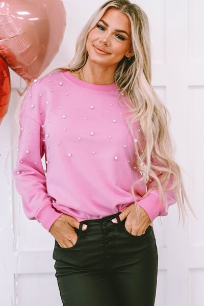 Pearl Round Neck Dropped Shoulder Sweatshirt - Kawaii Stop - Basic Style, Comfortable, Cotton Blend, Cozy, Easy Care, Fashion, Imported, Opaque Fabric, Polyester, Ship From Overseas, Size Range, Slightly Stretchy, Stylish, Sweatshirt, SYNZ, Trendy Look, Versatile, Wardrobe Essential, Women's Fashion