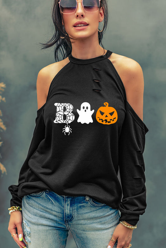 Cold Shoulder Boo Graphic Distressed Blouse - Kawaii Stop - Casual Chic, Cold Shoulder, Distressed Details, Graphic Blouse, Halloween, Polyester Blend, Ship From Overseas, Statement Piece, Stylish Apparel., SYNZ, Trendy Fashion, Women's Clothing