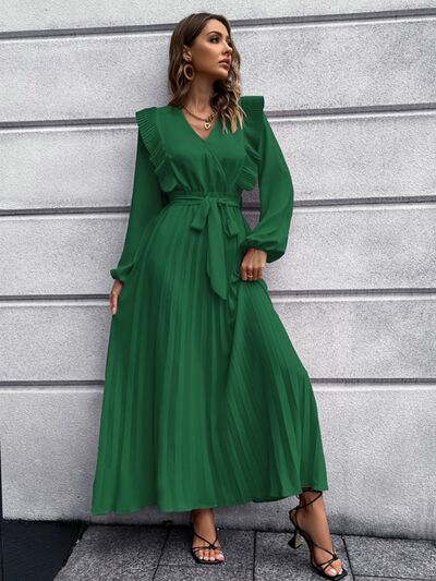 Pleated Surplice Tie Waist Maxi Dress - Kawaii Stop - Confidence, Early Spring Collection, Elegant, Fashion, H.Y.G@E, Luxurious, Maxi Dress, Opaque Sheer, Pleated, Ship From Overseas, Shipping delay February 3 - February 18, Sophisticated, Special Occasion, Structured, Stunning, Surplice, Tie Waist, Women's Clothing