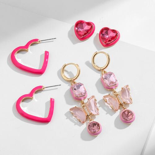 3-Piece Heart, Butterfly Shape Earrings - Kawaii Stop - 18K Gold-Plated, Butterfly Shape, Charming, Copper, Delightful Trio, Earrings Set, Fashion Jewelry, Gift Idea, Heart Shape, Imported, Ken, Luxurious Finish, Mix and Match, Rhinestone Accents, Ship From Overseas, Sparkle, Versatile Styling, Whimsical
