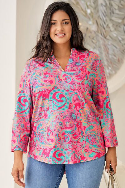 Plus Size Printed Notched Long Sleeve Blouse - Kawaii Stop - Classic Attire, Comfortable Wear, Confidence Booster, Early Spring Collection, Everyday Elegance, Fashion Forward, Long Sleeve Style, Opaque Material, Plus Size Blouse, Plus-Size Fashion, Ship From Overseas, Shipping delay February 8 - February 16, Sophisticated Top, Statement Attire, SYNZ, Timeless Look, Versatile Blouse, Women's Fashion