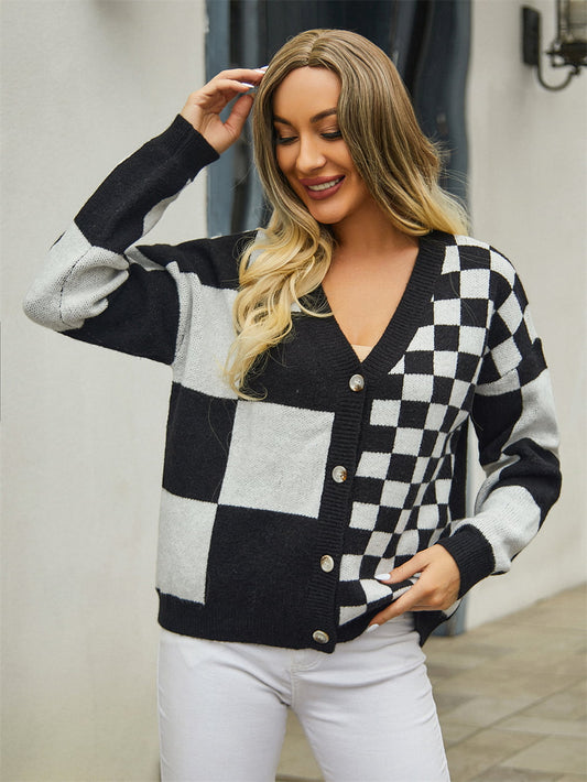 Plaid V-Neck Dropped Shoulder Cardigan - Kawaii Stop - Buttoned Front, Cardigan, Cardigans, Chic and Casual, Classic Style, Everyday Fashion, Moderate Stretch, Plaid Cardigan, Relaxed Look, Ship From Overseas, Statement Belt, V-Neck Design, Versatile Layering, Women's Clothing, Y.S.J.Y
