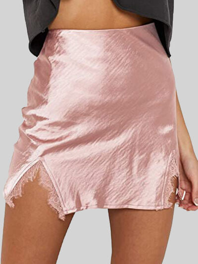 Lace Detail Slit Mini Skirt - Kawaii Stop - Affordable Fashion, Chic Fashion, D&Y, Evening Style, Fashionista's Choice, Lace Detail, Mini Skirt, Opaque Fabric, Polyester Material, Ship From Overseas, Slit Skirt, Strappy Heels, Stylish and Alluring, Versatile Skirt, Wardrobe Essential, Women's Wardrobe
