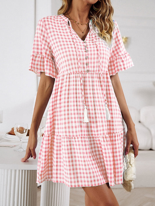 Plaid Flounce Sleeve Buttoned Mini Dress - Kawaii Stop - Chic Style, Dress, Dresses, DY, Easy Care, Fashion, Flounce Sleeves, Machine Washable, Mini Dress, Notched Neckline, Plaid Dress, Ship From Overseas, Tassel Buttoned, Trendy Look, Viscose Polyester Blend, Women's Clothing