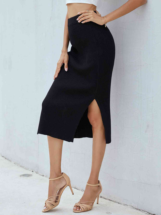 Ribbed Side Slit Midi Skirt - Kawaii Stop - Comfortable Fit, Easy Care, M&Y, Midi Skirt, Polyester, Ribbed Texture, Ship From Overseas, Skirt, Skirts, Solid Color, Stylish Skirt, Trendy Fashion, Versatile, Viscose, Women's Clothing