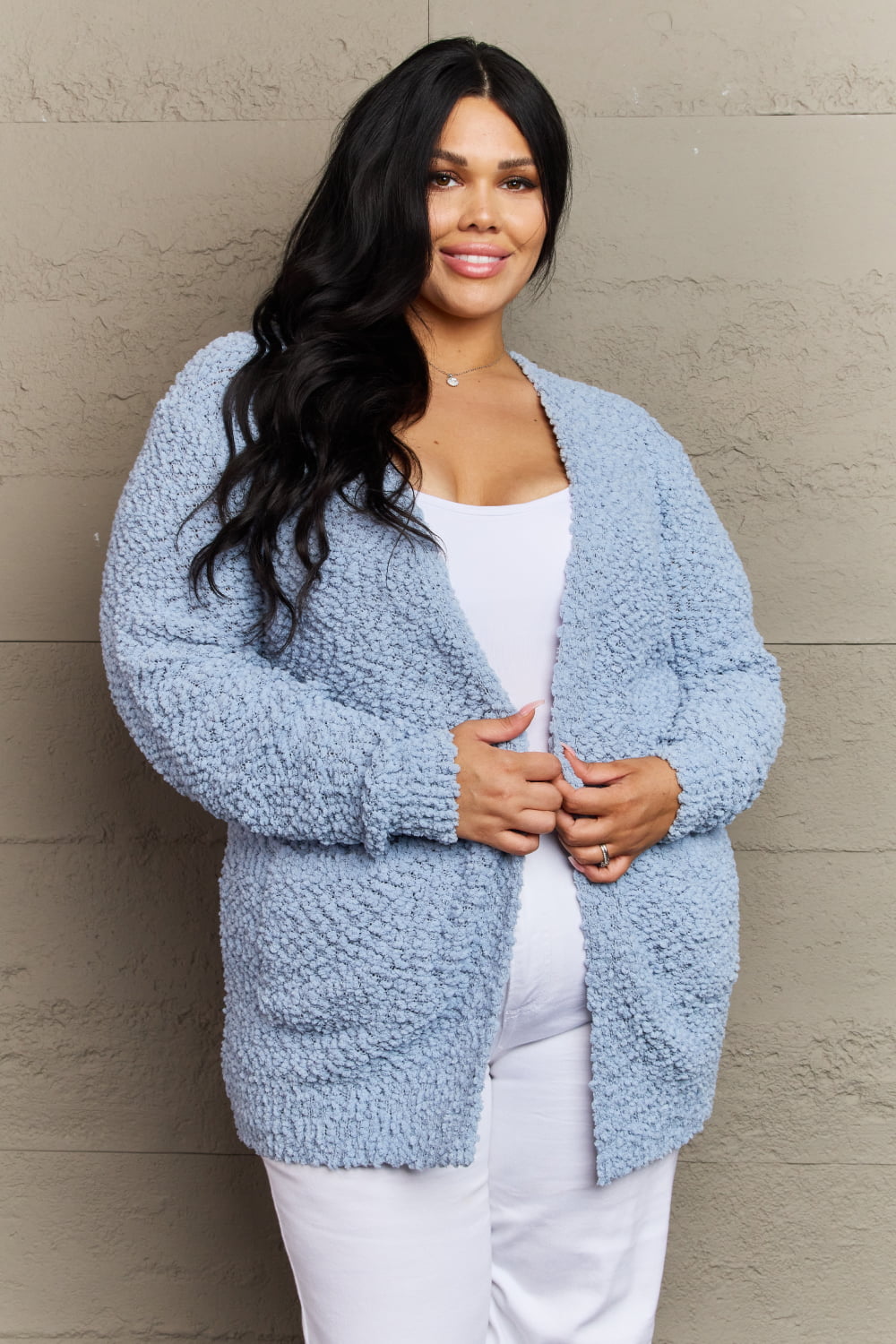 Falling For You Full Size Open Front Popcorn Cardigan - Kawaii Stop - Black Friday, Cardigan, Cardigans, Chic and Casual, Cozy Cardigan, Imported Fashion, Long Sleeves, Luxuriously Soft, Must-Have, Open Front, Plus Size, Pockets, Ship from USA, Snuggle Up, Winter Fashion, Women's Clothing, Women's Fashion, Zenana