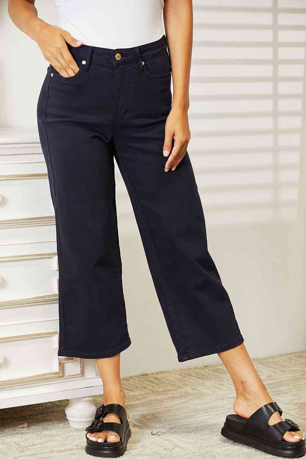 Full Size High Waist Tummy Control Garment Dyed Wide Cropped Jeans