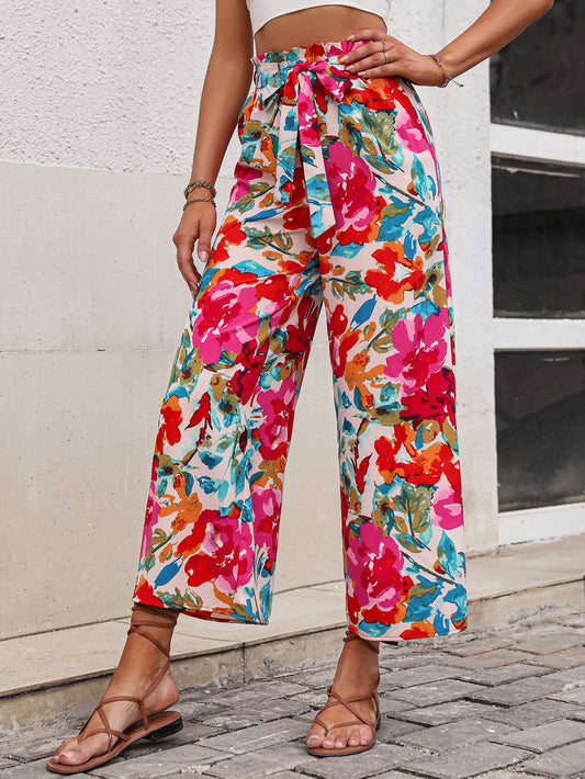 Floral Tie Belt Wide Leg Pants - Kawaii Stop - Capris, Casual Chic, Comfortable Fabric, Easy Maintenance, Hanny, Imported Fashion, Multicolored Pattern, Pants, Polyester and Elastane, Ship From Overseas, Shipping Delay 09/29/2023 - 10/04/2023, Stylish Pants, Tie Belt, Wide Leg Pants, Women's Clothing, Women's Fashion
