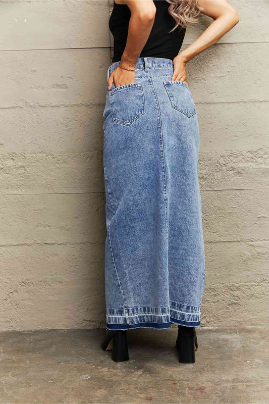 Front Slit Maxi Denim Skirt - Kawaii Stop - Casual Chic, Dragon-L, Front Slit, High-Quality Material, Maxi Denim Skirt, Ship From Overseas, Skirts, Solid Design, Versatile Fashion, Wardrobe Essential