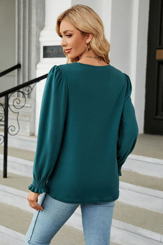 Round Neck Smocked Flounce Sleeve Blouse - Kawaii Stop - Blouse, Blouses, Casual Chic Blouse, Casual Elegance, Comfortable Fit, Feminine Style, Flounce Sleeves, Round Neck Top, Ship From Overseas, Shipping Delay 09/29/2023 - 10/02/2023, Slight Stretch, Women's Clothing, Women's Fashion, X&D