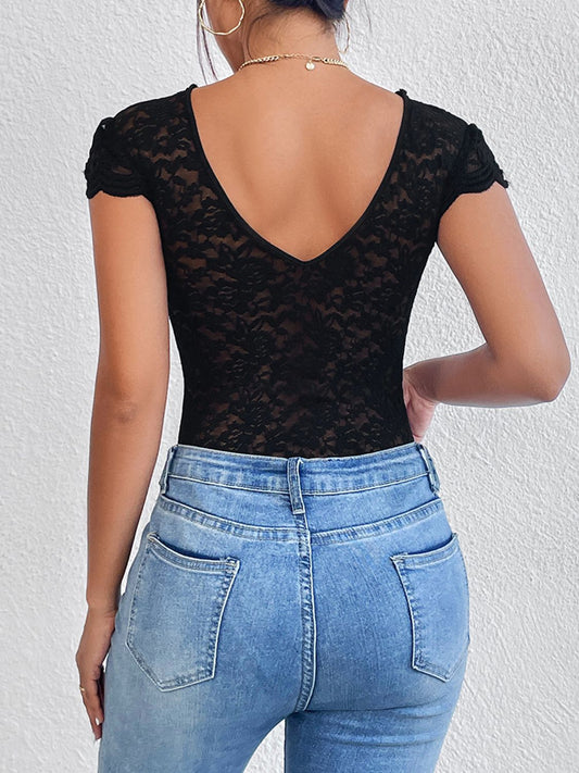Lace Trim V-Neck Bodysuit - Kawaii Stop - Bodysuit, Bodysuits, Confidence, Easy Care, Elastane, Elegant, Fashion, Feminine, Imported, Intricate Lace, Lace Trim, Machine Wash, Must-Have, Opaque, Plunge Neckline, Polyester, Ship From Overseas, Shipping Delay 09/29/2023 - 10/04/2023, Sophistication, Statement Piece, Stylish, Tumble Dry, Versatile, W@M@N, Wardrobe Essentials, Women's Clothing