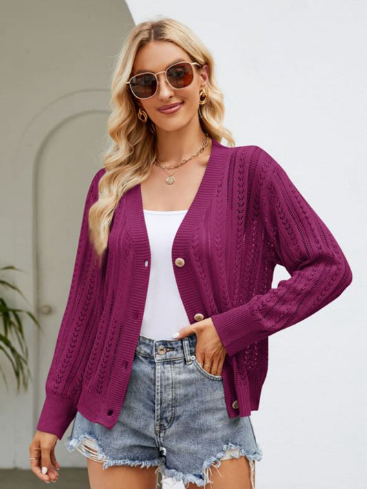 Button Down Ribbed Trim Cardigan - Kawaii Stop - Cardigan, Cardigans, Chic Style, Comfortable Fit, Everyday Wear, Polyester Fabric, Ribbed Trim Cardigan, Ship From Overseas, Stylish Texture, Timeless Fashion, V-Neckline, Versatile Cardigan, Women's Clothing, Yh