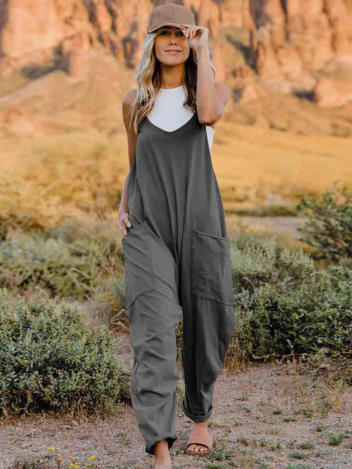 Sleeveless V-Neck Pocketed Jumpsuit - Kawaii Stop - Comfortable, Confidence Booster, Double Take, Effortless Elegance, Fashion, Must-Have Fashion, Opaque, Pocketed, Polyester Blend, Ship from USA, Sleeveless Jumpsuit, Slightly Stretchy, Statement Piece, Stylish, V-Neck, Versatile, Wardrobe Essential, Women's Clothing