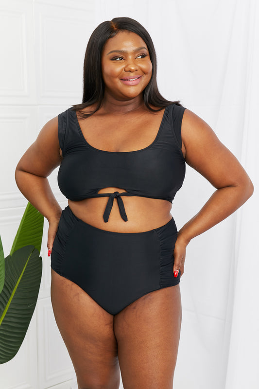 Sanibel Crop Swim Top and Ruched Bottoms Set in Black - Kawaii Stop - Beach, High Waist, Marina West Swim, Removable Padding, Retro-Inspired, Ruched Bottoms, Ship from USA, Swimwear Set, Trendy, Two-Piece Swimsuit., Women's Clothing, Women's Clothing &amp; Accessories, Women's Fashion