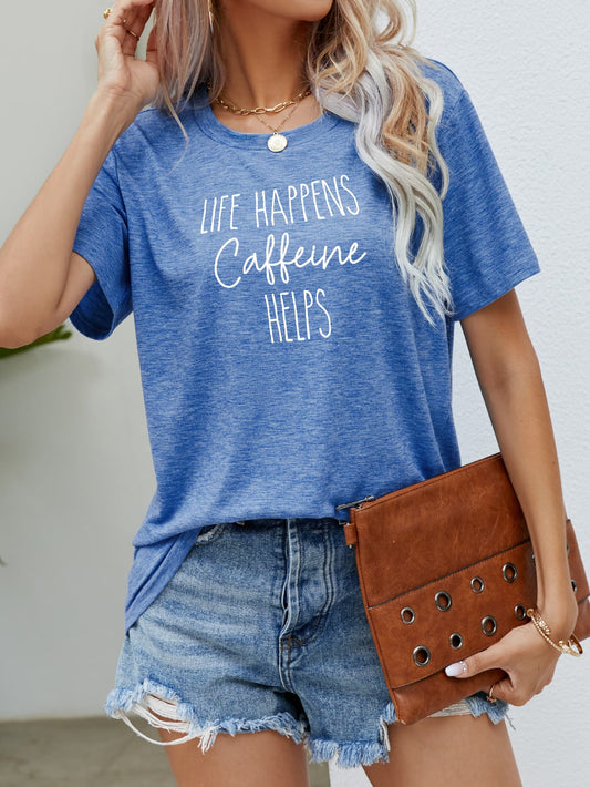 LIFE HAPPENS CAFFEINE HELPS Graphic Tee - Kawaii Stop - Casual Style, Changeable, Coffee Lover, Comfortable Fit, Graphic Tee, Humorous Fashion, Long Length, Round Neck, Ship From Overseas, Short Sleeve, Slogan Print, Statement Tee, T-Shirt, T-Shirts, Tee, Trendy Apparel, Versatile Wear, Women's Clothing, Women's Top