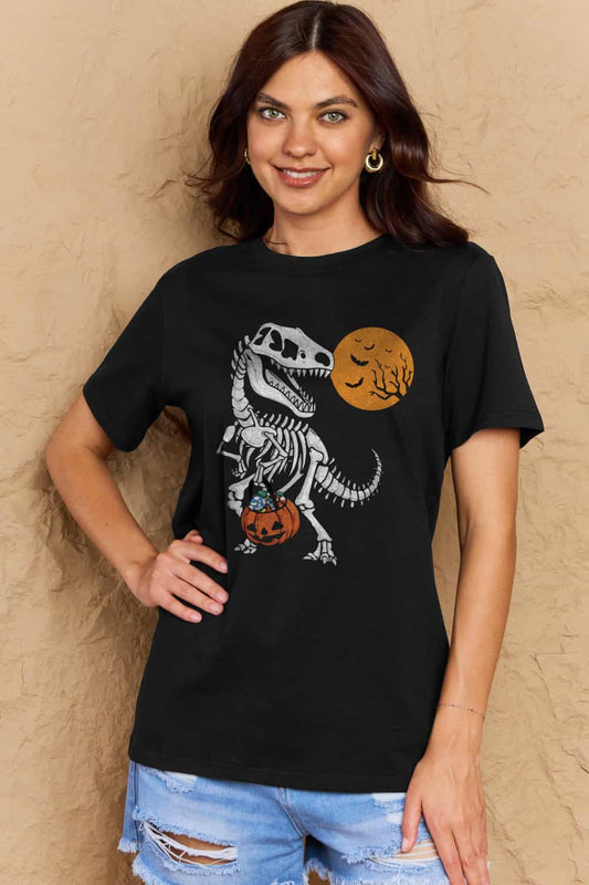 Full Size Dinosaur Skeleton Graphic Cotton T-Shirt - Kawaii Stop - Casual Style, Comfortable Fit, Cotton Shirt, Dino Lover, Dinosaur Skeleton Print, Dinosaur T-shirt, Distinctive Look, Everyday Wear, Fashionable, Graphic Tee, Halloween, Hand Wash, Long Length, Must-Have Apparel, Opaque Material, Ship From Overseas, Shipping Delay 09/29/2023 - 10/04/2023, Short Sleeves, Simply Love, Slightly Stretchy, Statement Piece, Statement Tee, Stylish, Trendy Fashion, Unique Design