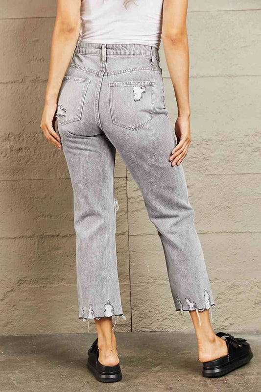 High Waisted Cropped Mom Jeans - Kawaii Stop - BAYEAS, Chic Style, Comfortable Jeans, Cropped Length, Distressed Details, Edgy Look, Fashionable, Grey Wash Denim, Heels and Blouse, High Waisted Jeans, Mom Fit, Ship from USA, Sneakers and Tee, Stylish Outfit, Versatile Jeans, Women's Fashion