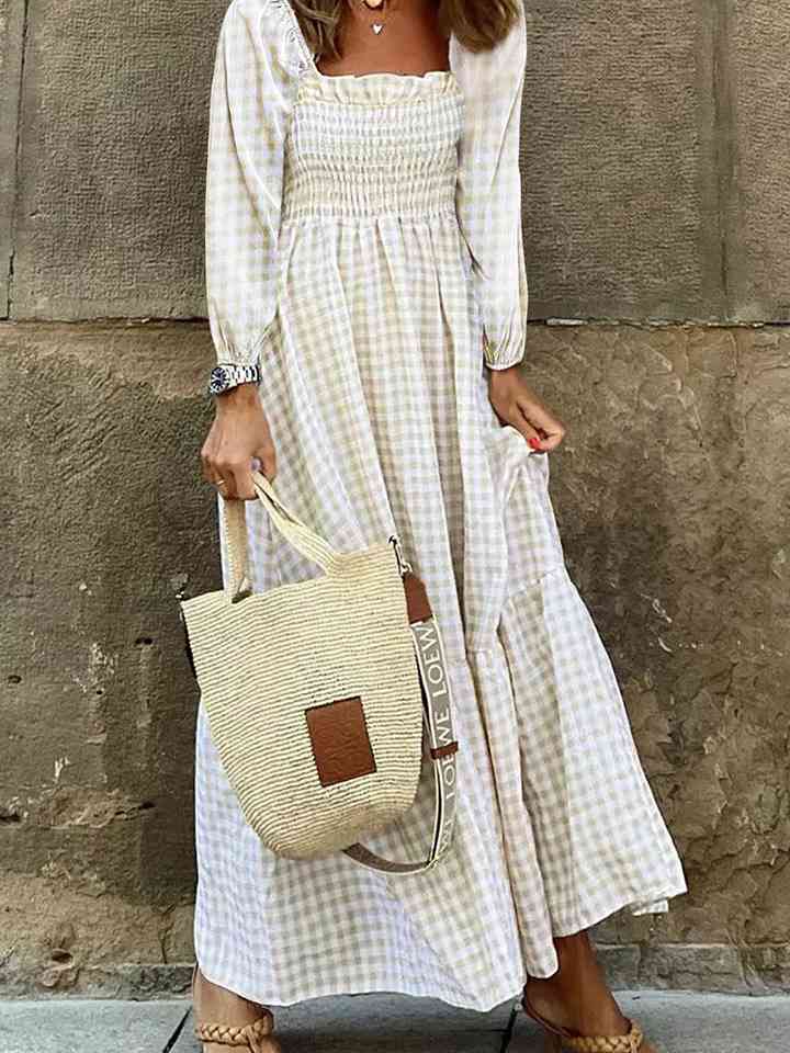 Smocked Square Neck Long Sleeve Dress - Kawaii Stop - Ankle Boots, Delicate Necklace, Fashion, Long Sleeve Dress, Romantic Style, Ship From Overseas, Slightly Stretchy, Smocked, Special Occasion, Square Neck, SYNZ, Versatile Elegance, Women's Clothing
