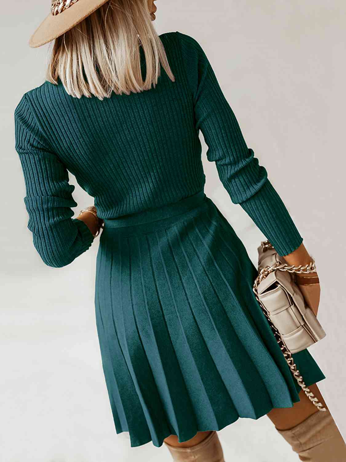 Surplice Neck Tie Front Pleated Sweater Dress - Kawaii Stop - Comfortable, Confidence Booster, Dress for Any Occasion, Easy Care, Elegant, H.Y.G@E, Imported Dress, Moderate Stretch, Pleated Dress, Ship From Overseas, Statement Dress, Stylish, Surplice Neck Dress, Sweater Dress, Tie Front Dress, Women's Fashion