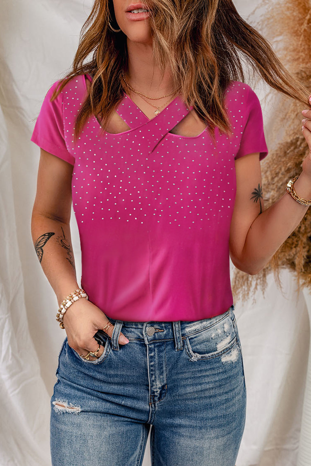 Rhinestone Crisscross Short Sleeve Top - Kawaii Stop - Casual Style, Comfortable, Easy Care, Everyday Wear, Glamorous, Rhinestone Top, Ship From Overseas, Short Sleeve Blouse, Size Guide, Slightly Stretchy, Solid Color, Sparkling Details, Stylish Apparel, SYNZ, T-Shirt, T-Shirts, Tee, Versatile, Women's Clothing, Women's Top