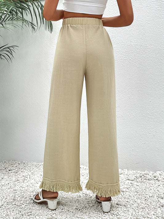 Fringe Detail Wide Leg Pants - Kawaii Stop - Bottoms, Capris, Casual Chic, Comfortable Fit, Everyday Elegance, Express Your Personality, Fringe Detail, High-Quality Material, HS, Imported Pants, Limited Stock, Long-Length, Pants, Ship From Overseas, Solid Pattern, Unique Style, Versatile Styling, Wardrobe Upgrade, Wide Leg Pants, Women's Clothing, Women's Fashion