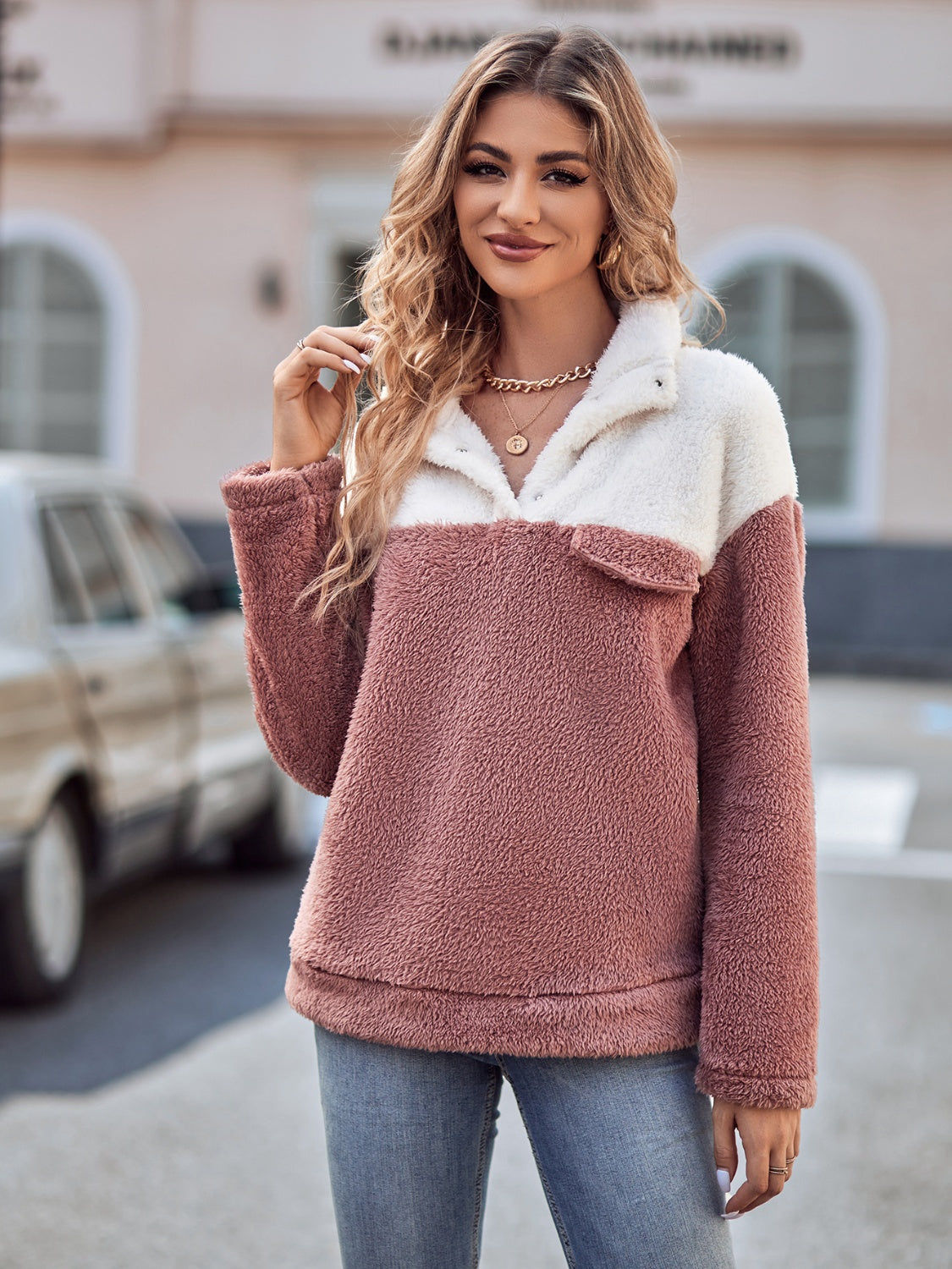 Two-Tone Dropped Shoulder Teddy Sweatshirt - Kawaii Stop - Basic Style, Casual Chic, Cozy Comfort, Easy Care, Everyday Fashion, Fall Wardrobe, Hoodies, Opaque Material, Relaxed Fit, S.N, Ship From Overseas, Simple Elegance, Softness and Warmth, Sweatshirts, Teddy Sweatshirt, Two-Tone Design, Women's Apparel, Women's Clothing