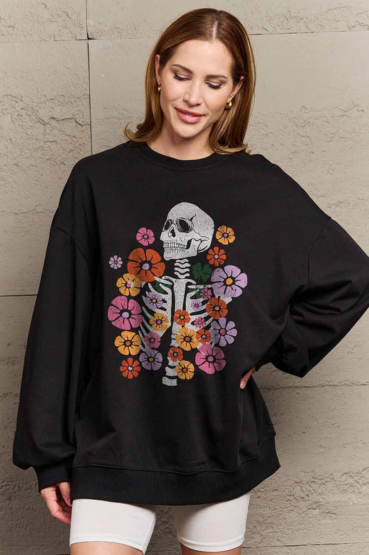 Full Size Flower Skeleton Graphic Sweatshirt - Kawaii Stop - Casual Style, Cotton Polyester Blend, Dropped Shoulders, Flower Skeleton Sweatshirt, Graphic Design, Hand Wash Cold, Hoodies, Imported, Long Sleeve, No Sheer, Ship From Overseas, Shipping Delay 09/29/2023 - 10/04/2023, Simply Love, Slightly Stretchy, Sweatshirts, Women's Clothing
