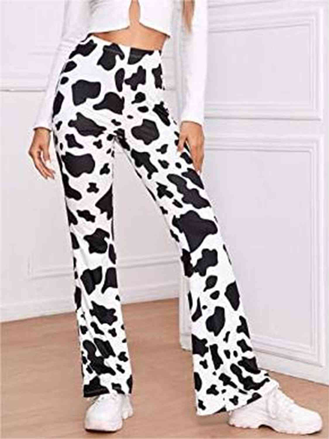 Cow Print High Waist Flare Pants - Kawaii Stop - Comfortable Fit, Cow Print, Everyday Fun, Express Your Personality, Flare Leg Pants, High-Quality Material, Opaque Fabric, Playful Fashion, Ship From Overseas, Unique Style, Versatile Wear, W.Z@ZS, Wardrobe Essential