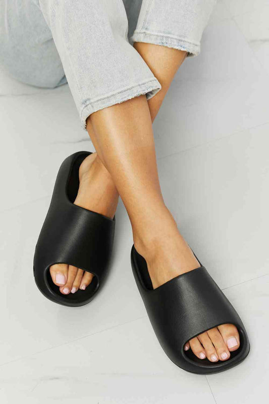 In My Comfort Zone Slides in Black - Kawaii Stop - Black Slides, Casual Chic, Chic Slides, Classic Black, Comfortable Slides, Durable Sole, EVA Material Slippers, Everyday Comfort, Fashionable Sandals, Flats, Grip and Traction Slides, Imported Quality, NOOK JOI, Open Toe Sandals, Ship from USA, Slippers, Stylish Slippers, Women's Shoes