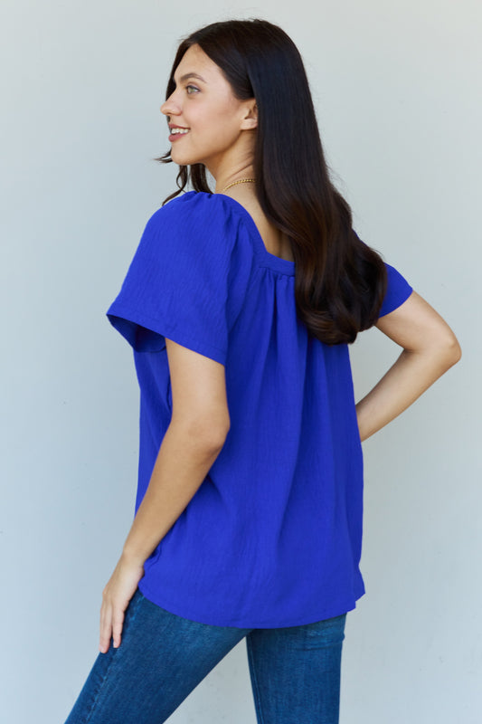 Keep Me Close Square Neck Short Sleeve Blouse in Royal - Kawaii Stop - Casual Style, Daily Wear, Elegant Outfit, Everyday Wardrobe., Ninexis, Ninexis Brand, Puff Sleeves, Royal Blue Blouse, Ship from USA, Solid Pattern, Square Neck Blouse, Versatile Fashion, Women's Clothing