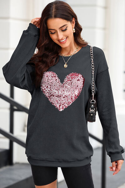 Heart Sequin Round Neck Sweatshirt - Kawaii Stop - Easy Care, Fashion, Glamorous Look, Heart Design, Imported, Polyester, Sequin Embellishments, Ship From Overseas, Size Range, Sparkle and Charm, Stylish, Sweatshirt, SYNZ, Wardrobe Essential, Women's Fashion