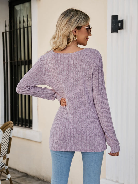 Square Neck Ribbed Long Sleeve T-Shirt - Kawaii Stop - Casual, Comfortable, D&Yi, Long Sleeve, Opaque, Polyester, Rayon, Ribbed Tee, Ship From Overseas, Shipping Delay 09/29/2023 - 10/04/2023, Solid, Square Neck, Stretchy, T-Shirt, T-Shirts, Tee, Versatile, Women's Clothing, Women's Top