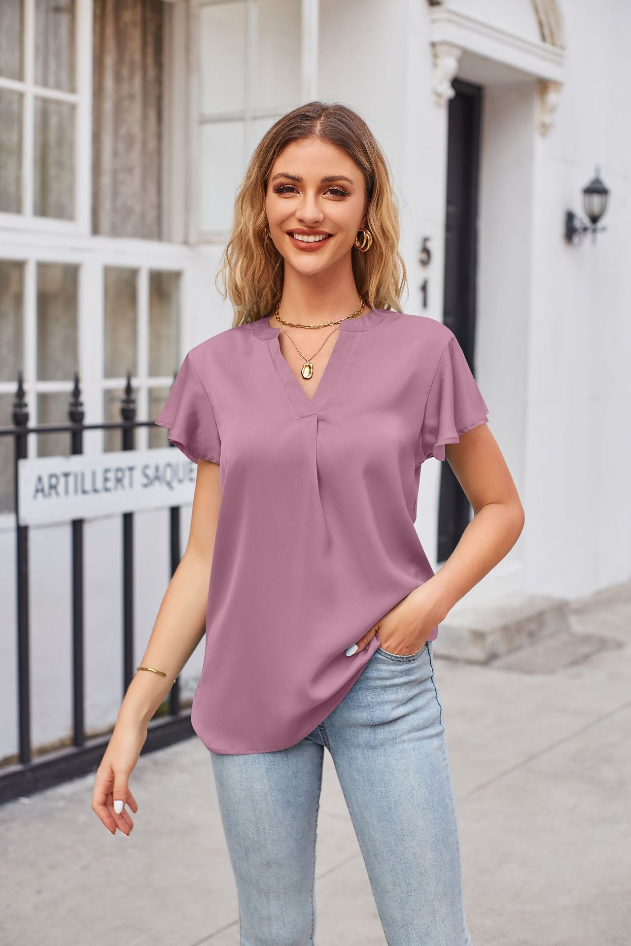 Notched Neck Flutter Sleeve Satin Top - Kawaii Stop - AYL, Casual Style, Comfortable, Easy Care, Elegance, Elegant Outfit, Everyday Wear, Fashionista's Choice, Flutter Sleeves, Imported, Opaque, Polyester, Ruched Detail, Satin Top, Ship From Overseas, Shipping Delay 09/29/2023 - 10/03/2023, Solid Pattern, Sophisticated, Statement Piece, T-Shirt, T-Shirts, Tee, Trendy, V-Neck, Versatile, Women's Clothing, Women's Top