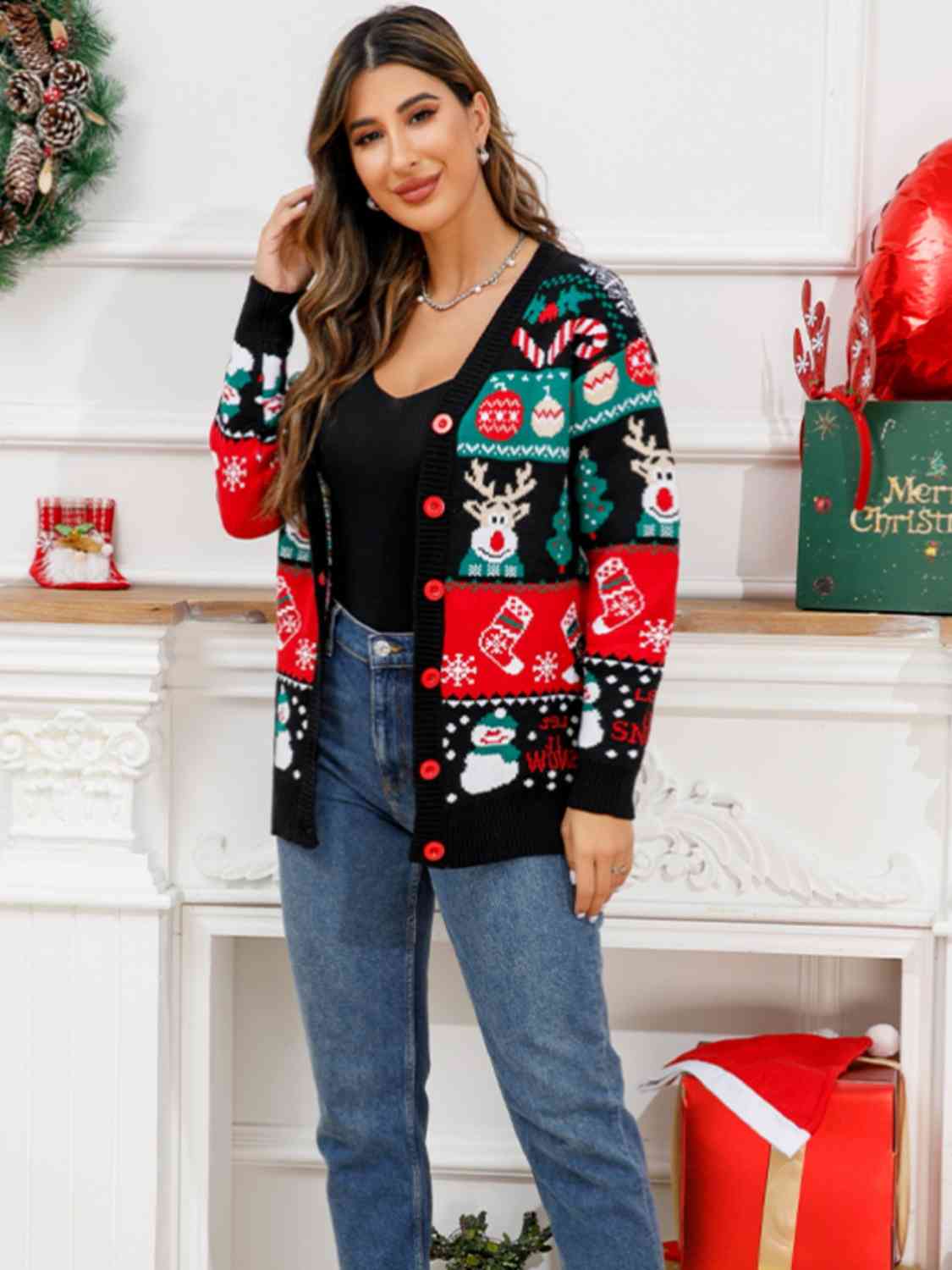 Christmas Button Down Cardigan - Kawaii Stop - Acrylic, Button Down, C.J@MZ, Christmas, Christmas Cardigan, Christmas Gathering, Cozy, Festive Fashion, Holiday Cheer, Imported, Ribbed Texture, Seasonal Style, Ship From Overseas, Women's Fashion